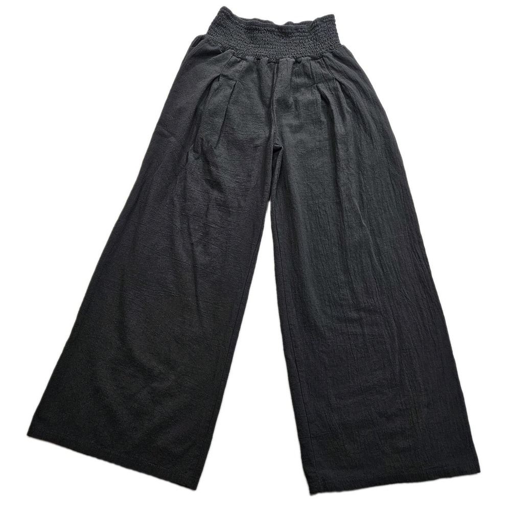 Smocked Waist Gauze Wide Leg Flowy Lounge Pants Womens Small Black Solid Cropped